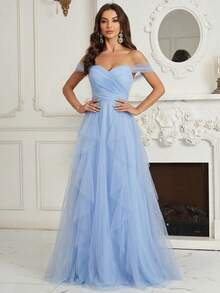 SHEIN Belle Adult Women's Off Shoulder Ruched Bust Asymmetrical Ruffled Hem Bridesmaid Dress - Baby Blue - View 3