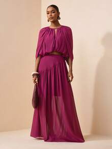 Zivah 新款春夏波西米亚度假风紫红色郁金香短款披肩上衣搭配长款荷叶边半裙两件套。适合约会、情人节、日常出行、旅行、度假、海滩、婚礼季、婚礼宾客、早午餐、机场穿搭等场合。融合了西部风情、游牧风和波西米亚风。 - 中紫紅色 - 查看 8