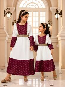 Young Girls' Middle Eastern Style Digital Print Patchwork White Woven Fabric Dress, Elegant & Cute For Professional, Religious, Holiday, Everyday Wear, Spring/Summer/Autumn/Winter New Floral Pattern Sisterwear - Red - View 3