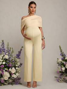 MaterniChic Pregnant Women's Elegant Contrast Mesh Ruffle Jumpsuit, Summer - White - View 3