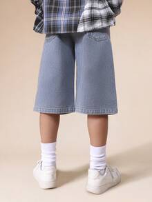 SUMWON Boys Denim Number Print Graphic Jorts Wide Leg Knee Length Summer Casual Shorts Bleach Wash - Light Wash - View 2