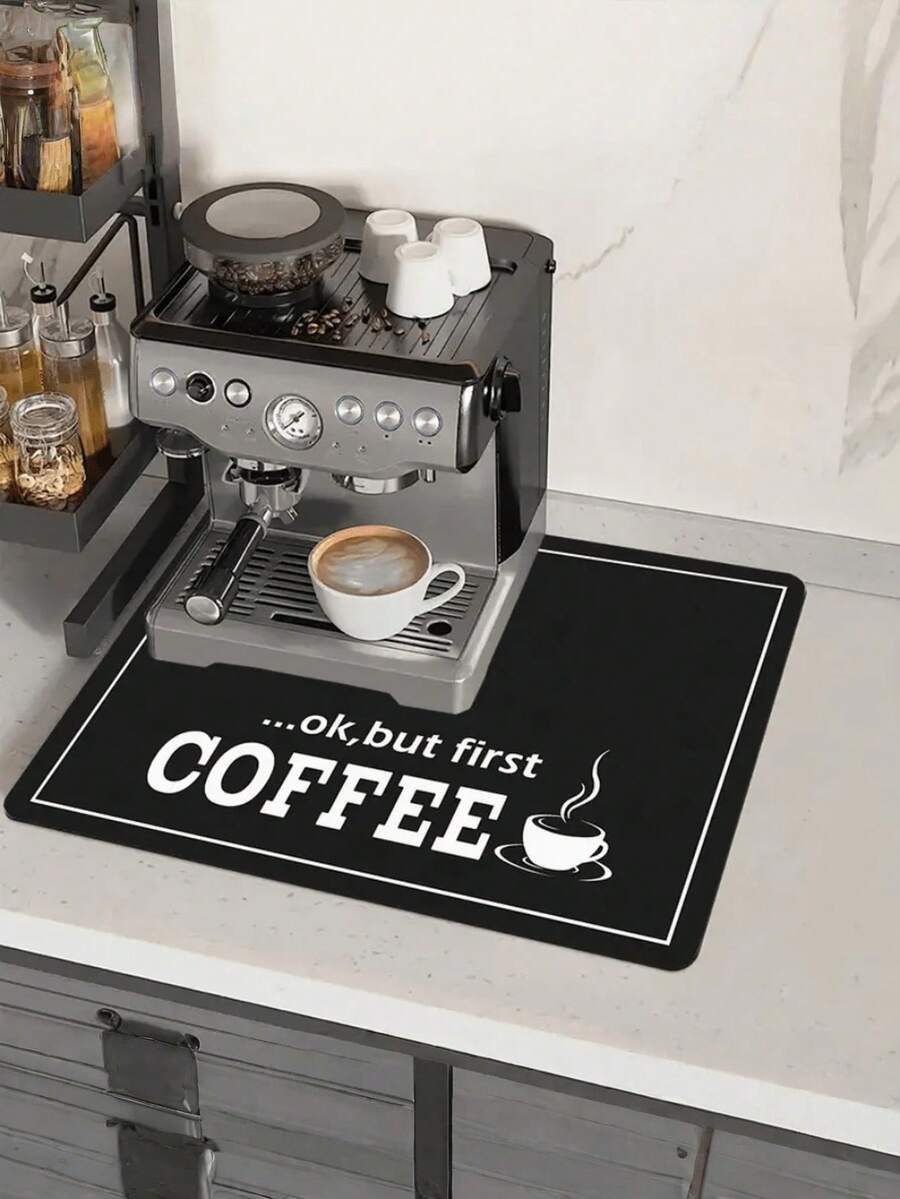 1pc Coffee Machine Mat - Absorbent, Non-Slip Kitchen Counter Protector Mat With "Coffee" Design, Washable And Reusable Diatomite Drying Pad For Dishes And Cups, Fashionable And Practical Kitchen Decor, Coffee Decoration - Black - View 1