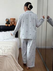 SHEIN Bộ đồ ngủ và áo cardigan ve áo kẻ sọc nơ cỡ lớn cho nữ - Màu xanh lam - Xem 2