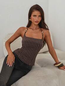 Aloruh 女士串珠吊带条纹背心 - 棕色 - 查看 4