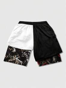 ROMWE MEN Anime Pantalones cortos de verano versátiles con cintura elástica y cordón en contraste de color - Multicolor - Ver 2