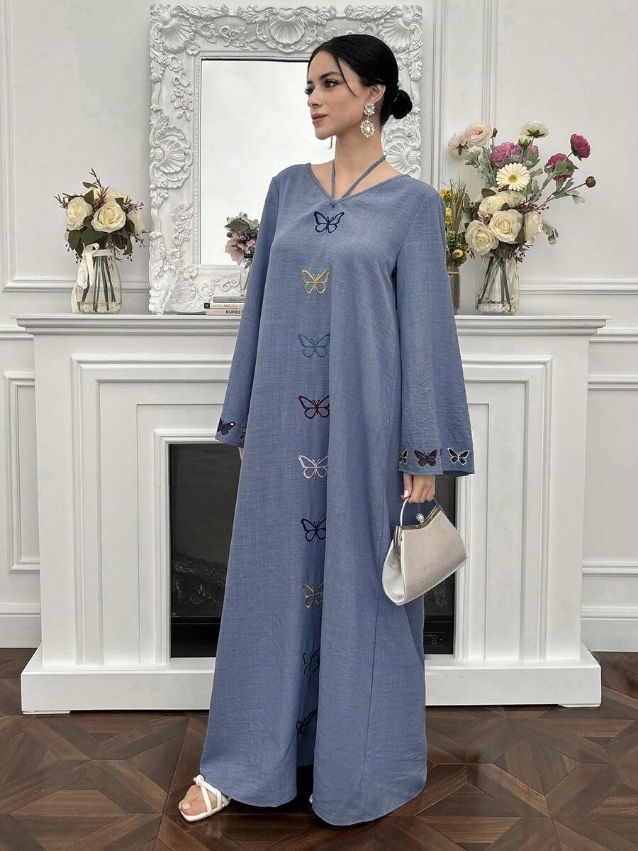 Yasmyna Women's Butterfly Embroidered Long Sleeve Loose Casual Halter Dress Kaftan Jalabiya Dress - Dusty Blue - View 1
