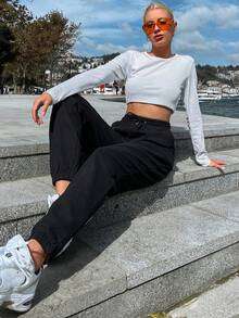 EURMUSE Cotton Women's Drawstring Cuffed Joggers - Black - View 5