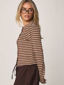 MISSGUIDED Women's Horizontal Striped Button Front Cardigan With Long Sleeves Ribbed Knit Fall Winter Cozy Layering Top - Multicolor - View 4