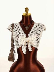 Amplova 2026 New V-Neck Front Tie Cropped Top, Knit-Look Fabric - Apricot - View 2