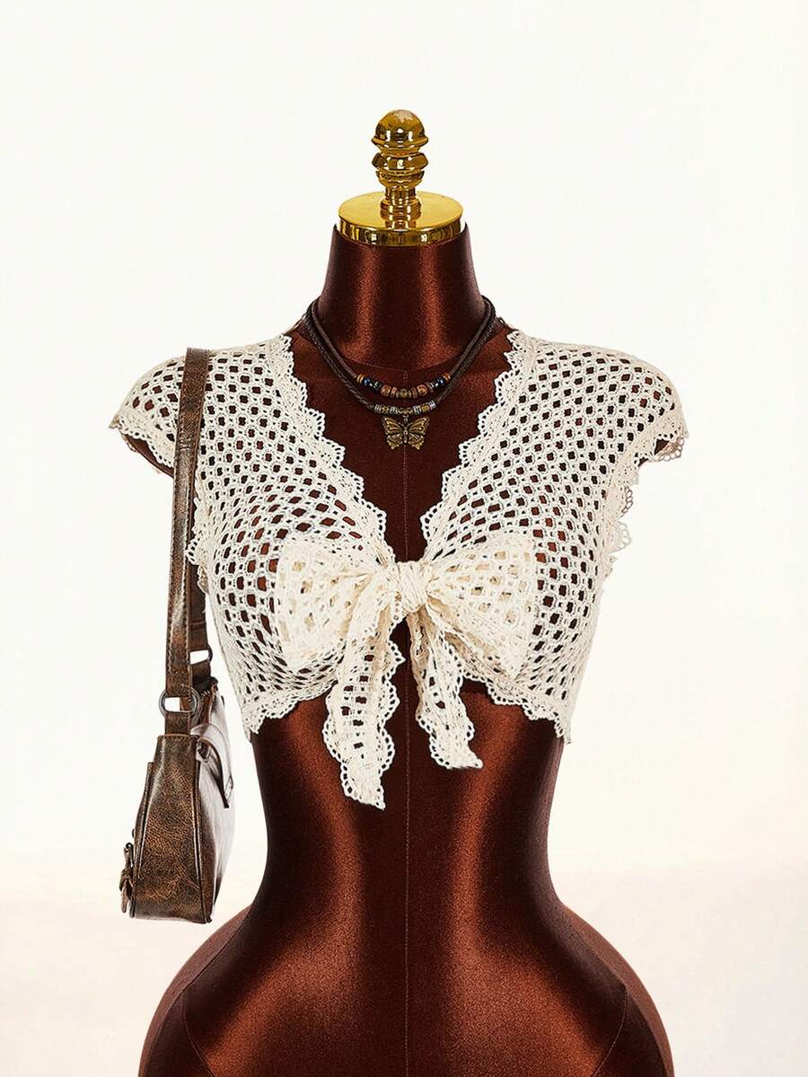 Amplova 2026新款V领前系带露脐上衣，针织面料 - 杏色 - 查看 1