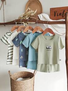 SHEIN Vintaside Kids 10件/5套男婴套装，包括5件针织短袖圆领上衣和5条弹力腰针织短裤。上衣颜色有卡其色、灰蓝色、军绿色、棕色和黑色，短裤颜色与之相配。适合春夏季节户外休闲穿着，尺码为6个月至2-3岁。 - 彩色 - 查看 4