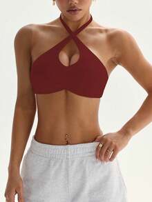Dewbera 女士运动文胸，前部褶皱挂脖设计，可拆卸加厚交叉肩带，适合日常休闲穿着、网球、瑜伽、健身等多种场合。 - 紅色 - 查看 5