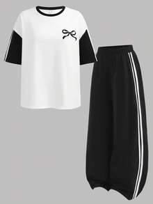 SHEIN 2件套少女休闲黑白撞色落肩针织圆领宽松T恤+阔腿裤校服/运动服 - 黑與白 - 查看 3