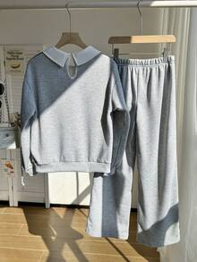 SHEIN ChillGRL Casuvi 女童两件套：长袖T恤，衬衫领，蕾丝边饰，卡通印花；针织阔腿裤，蕾丝边饰，印花图案，学院风，适合春秋季休闲、返校、运动、度假等场合。