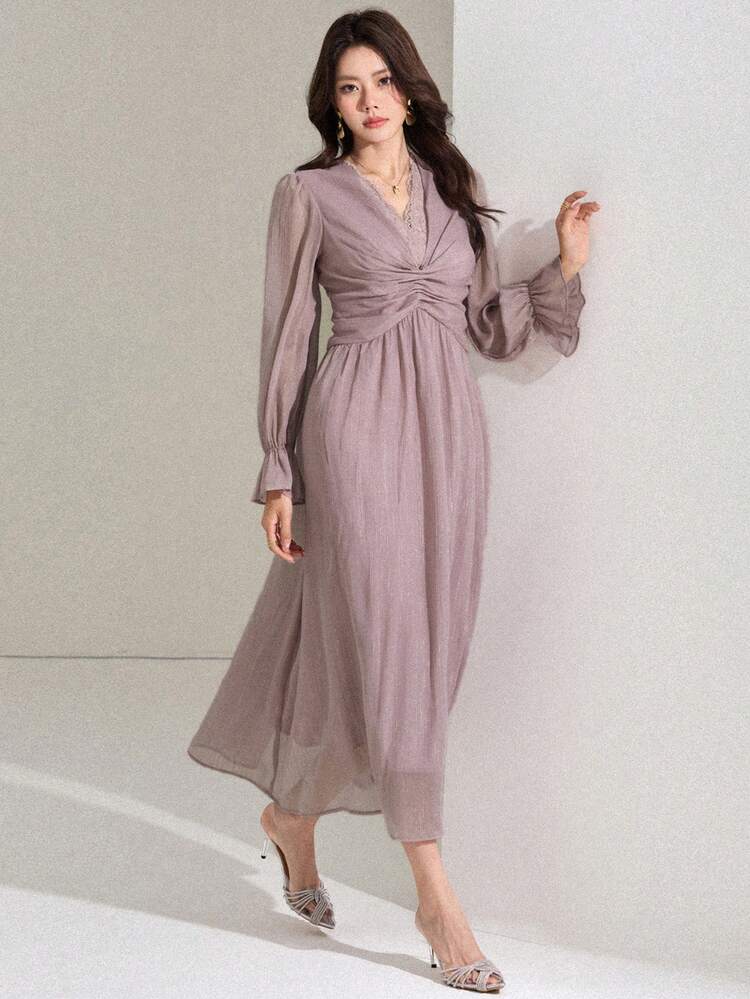 Women's V-Neck Lace Trim Long Sleeve Ruched Waist Dress Maxi Dress Sundress