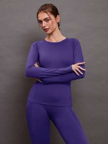 Activina 1 件纯色休闲简约长袖运动 T 恤，适合夏季 - 紫色 - 查看 4