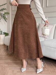 DAZY Chân váy nữ thanh lịch, màu trơn, dáng chữ A, cạp cao, thắt eo, thích hợp cho mùa xuân/hè. - màu nâu - Xem 6