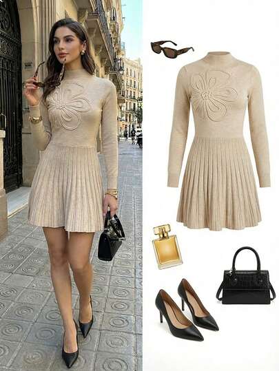 Firerie Vestido de suéter de cuello alto con patrón floral de unicolor elegante para mujer, ropa de otoño/invierno, vestido de suéter de cuello alto minimalista de manga larga con silueta evasé para mujer, vestido de suéter de cintura ceñida con silueta evasé, vestido de suéter floral, vestido mini ajustado, ropa de primavera/verano/otoño/invierno, elegante, para ir al trabajo, citas, fiestas, bodas, graduaciones, bailes de promoción, eventos, trabajo, vuelta al colegio, reuniones anuales, cumpleaños, vacaciones