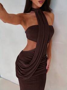 Aloruh Women's Asymmetric Wrap Dress With Flowy Ties, Bodycon Mermaid Hem, Suitable For Spring/Summer Vacation - Chocolate Brown - View 7