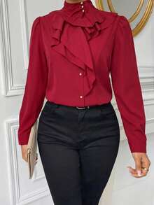 Firerie Blusa de mujer con cuello de jabot y mangas abullonadas, de unicolor, adecuada para el trabajo y el transporte, primavera/otoño - Rojo - Ver 3