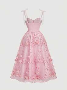 SHEIN MOD Plus Size Women's Elegant Embroidered Tie Shoulder Midi Dress,Party Dress ,Elegant Dress Women,Corset Top Dress,Unique Dress,Party Dresses ,Date Night Dress,Formal Dresses For Women,Valentine's Day, Rose Dress, Dress Pink, Garden Party Formal Dress,Spring Break Outfits,Summer Dress Bridal Shower Outfit Pink Tea Party Dress Pink Flower Dress Pink Birthday Outfit Women - Pink - View 3