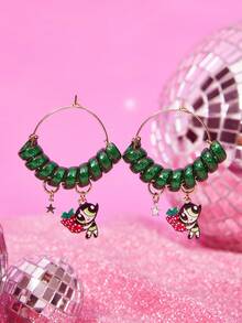 THE POWERPUFF GIRLS X SHEIN 新款锌合金卡通图案耳钉，亚克力扭纹个性休闲可爱款，适合派对、音乐会、节日等场合佩戴 - 綠色 - 查看 1