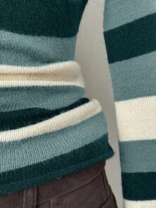 EgrlEra Damski sweter w paski z szerokimi rękawami i kolorowymi blokami kolorów, jesień/zima - Ciemnozielony - Zobacz 4