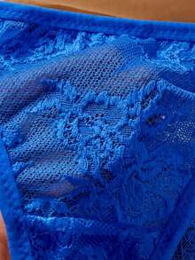 SHEIN 2pcs Women's Solid Color Minimalist Everyday Lace Bra Set With Underwire - Royal Blue - View 3