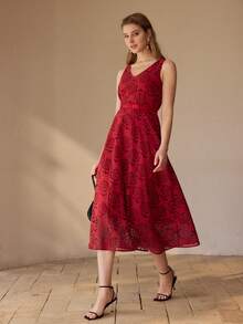 MOTF PREMIUM ROSE FLOWER PRINT MID-LENGTH DRESS - Red - View 6