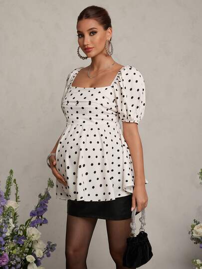 MaterniChic Maternity Clothes Maternity  Tops Summer Pregnant Clothes A White Polka-Dot Maternity Shirt Is Elegant And Sophisticated, Perfect For A Date, A Sophisticated Party, Or Valentine's Day