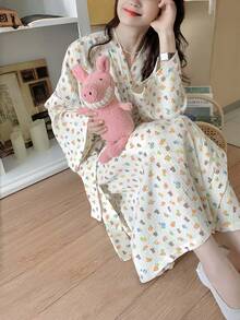 女士睡袍一件装 - 简约欧式风格长袖家居服，花熊印花，轻薄面料，纯色，春秋夏居家浴袍，尺码齐全，适合小码到大码，可用于婚礼、派对、水疗浴室装饰 - 花朵熊 - 查看 6