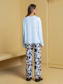 SHEIN Felix The Cat Conjunto de Pijama Feminino com Estampa de Gato Cartoon, Manga Longa e Calça Confortável, Outono - Azul - Visão 4