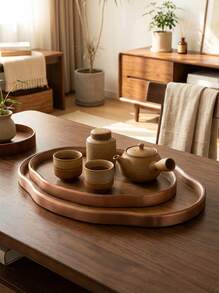 Cirelle 1pc Multifunctional Practical Tray - Vintage Asymmetric Shaped Covered Tea Tray, Suitable For Home, Office, Hotel Or Gift Decoration, Especially Suitable For Living Room, Bedroom Or Tea Party Occasions, Tea Party Accessory | Decorative Tray, Bamboo Material, Tea Tray. - Multicolor - View 3