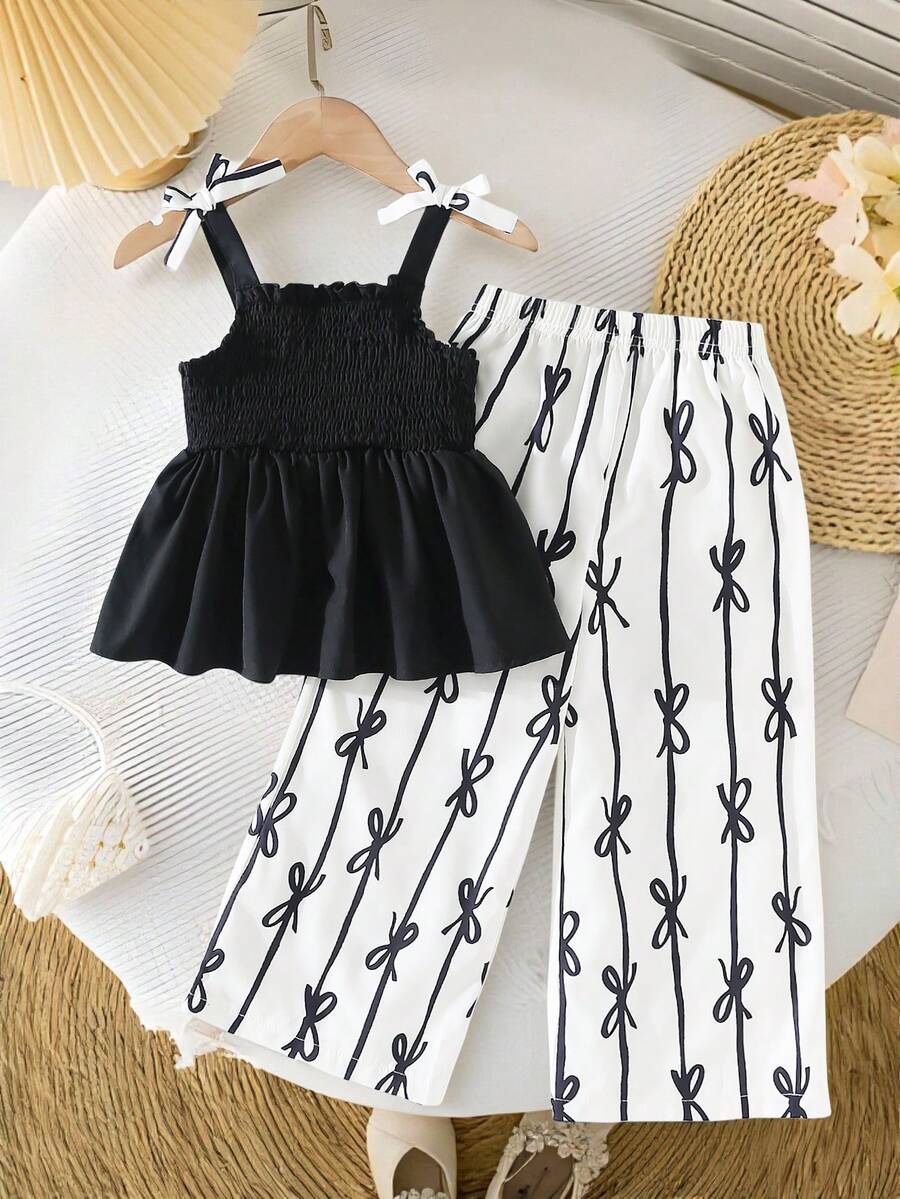 两件套女童露肩吊带背心+蝴蝶印花弹力腰阔腿裤，法式时尚优雅套装，适合女孩日常穿着和派对场合 - 黑與白 - 查看 1
