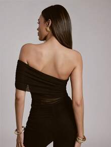 Hauture Top con hombros de malla elástica y plisados, sexy - Negro - Ver 6