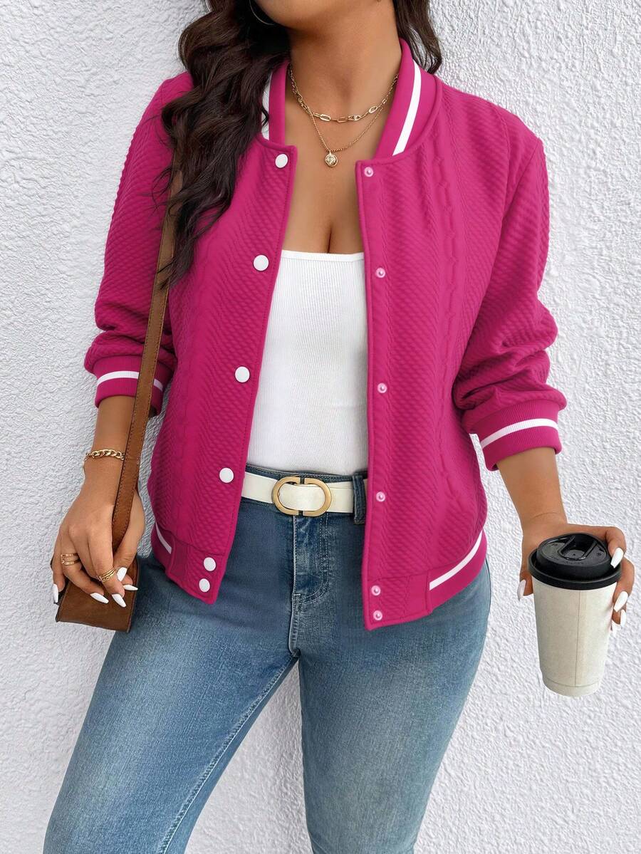 Chaqueta de béisbol de estilo universitario para mujeres - abrochada, tela sólida, borde de choque, adecuada para la temporada escolar, temporada de regreso a la escuela, estilo universitario - Rosa Fucsia - Ver 1