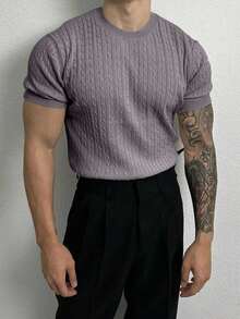 Manfinity Homme 男士纯色简约休闲圆领短袖针织上衣 - 淺灰紫 - 查看 3