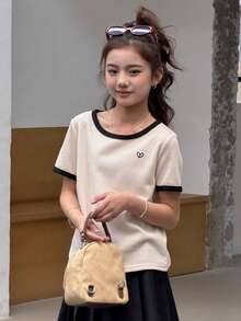 DAZY Tween Girls Round Neck Knit Heart Embroidery Contrast Color Short Sleeve T-Shirt Summer - Apricot - View 3