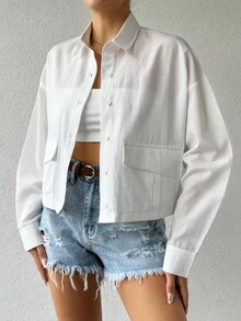 EURMUSE Women Geometric Cargo Pockets Crop Blouse Shirt - White - View 4