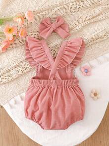 SHEIN 2件套婴儿可爱蝴蝶结刺绣连体衣套装，夏季