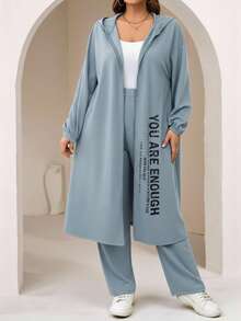 Mulvari 2pcs/Set Plus Size Casual Slogan Print Hoodie Jacket And Pants Outfit, Autumn 2 Pieces Set - Dusty Blue - View 1