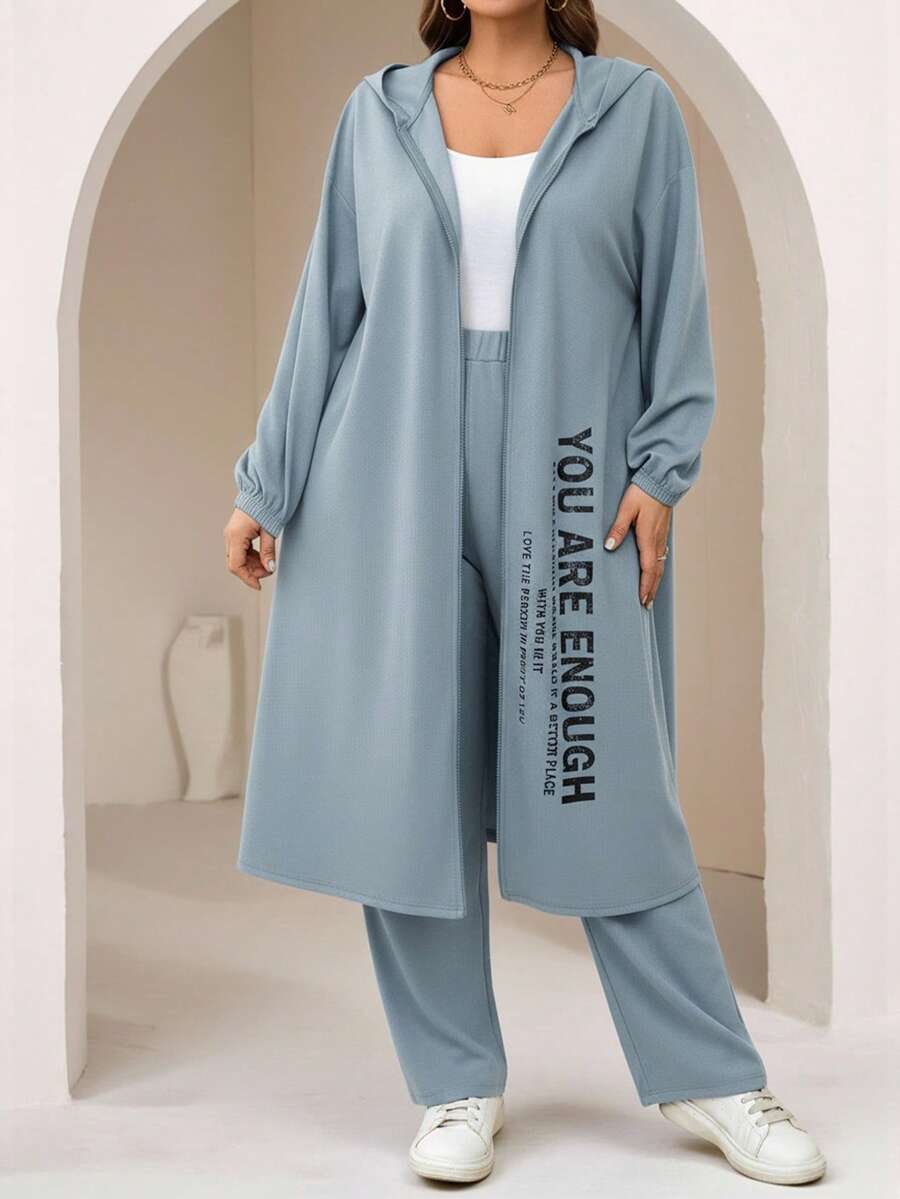 Mulvari 2pcs/Set Plus Size Casual Slogan Print Hoodie Jacket And Pants Outfit, Autumn 2 Pieces Set - Dusty Blue - View 1