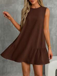 SHEIN Essnce Summer Women Dresses A-Line Round Neck Dress Sundress Mother Day Dress Casual Dress Brown Dress Women Ruffle Hem Dress Brown Sundress Drop Waist Dress Coffee Brown Dress - Coffee Brown - View 3