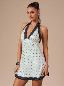 SHEIN BAE Váy ngắn không tay cổ chữ V khoét sâu gợi cảm dành cho nữ với họa tiết chấm bi trắng và viền ren đen, phù hợp cho mùa xuân/hè - Đen và trắng - Xem 6