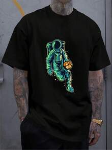 Versatile Baggy Short Sleeve T-Shirt With Fun Basketball Print, Ideal For Vacation, Work And Use - Black 6 - View 2