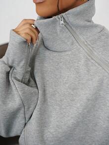 SAYEHFBABY 女士保暖内衬高领灯笼袖拉链门襟卫衣，温暖时尚设计，适合毕业季、教师节等场合，秋季返校季套头衫。 - 深灰色 - 查看 3