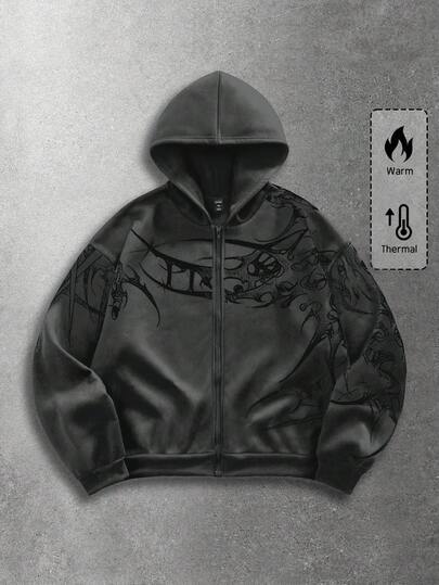 Felpa con cappuccio casual da uomo con chiusura lampo e stampa grafica, manica lunga