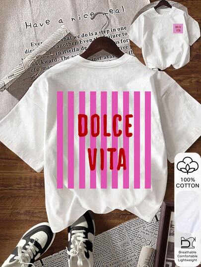 SHEIN Dam T-shirt med sänkt axel, kortärmad, vit sommart-shirt för vardagsbruk, bokstavs- och randmönster