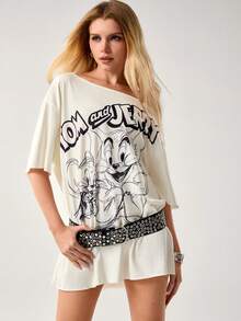 TOM & JERRY X SHEIN Women's Casual Cartoon & Letter Graphic Asymmetrical Neck Mini Dress, Summer - Apricot - View 4