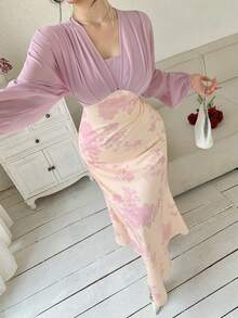 DAZY Robe longue plissée élégante à couleurs contrastées pour femmes, printemps/été - Parme - Voir 6